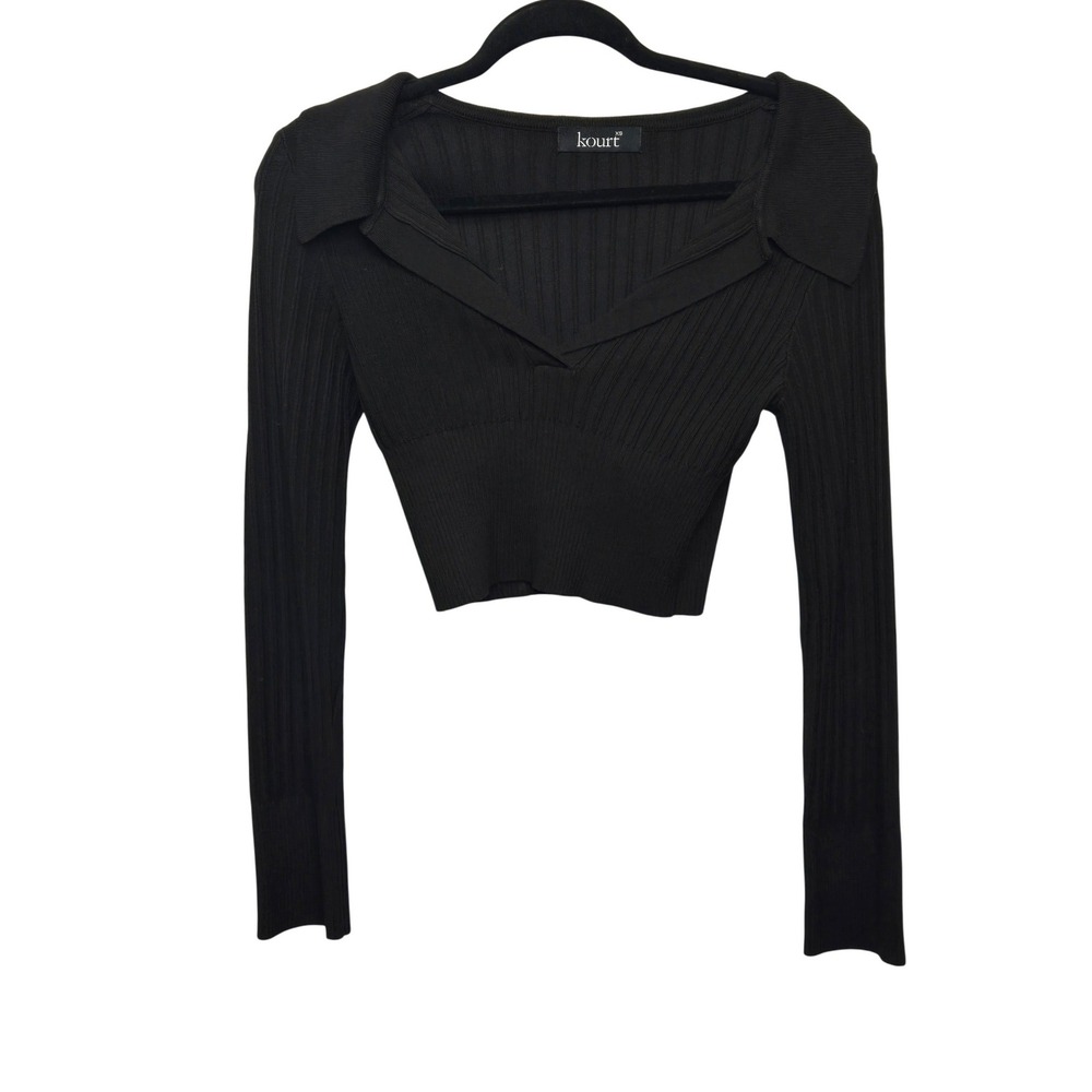 Kourt Ribbed Knit Top Womens XS Black Long Sleeve Collared V-Neck Crop Sweater